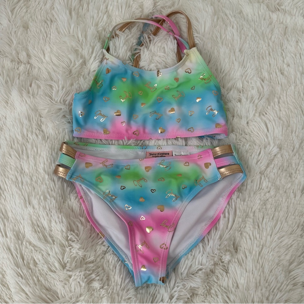 Juicy Couture Girls Hearts Pink Blue Green Bikini Swim Suit Size: 7 NWOT